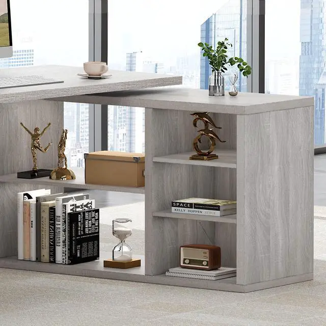 Alt view image 5 of 6 - Gray L Shaped Corner Desk with Storage Shelves, Reversible L Shape Computer Desk with Storage Cabinet, Adjustable Corner Home Office Desk for PC Executive Writing Study Work, Light Grey, 55 Inch