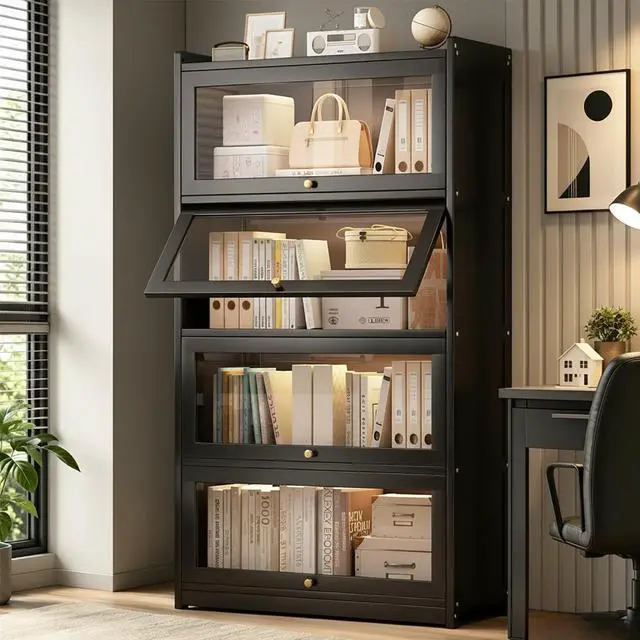 Main image of 55" Bamboo Bookcases,Book Shelfs with Acrylic Doors,Freestanding Display Storage Shelves for Collectibles,4 Tier Tall Bookshelfs & Bookcases for Living Room Bedroom Home Office