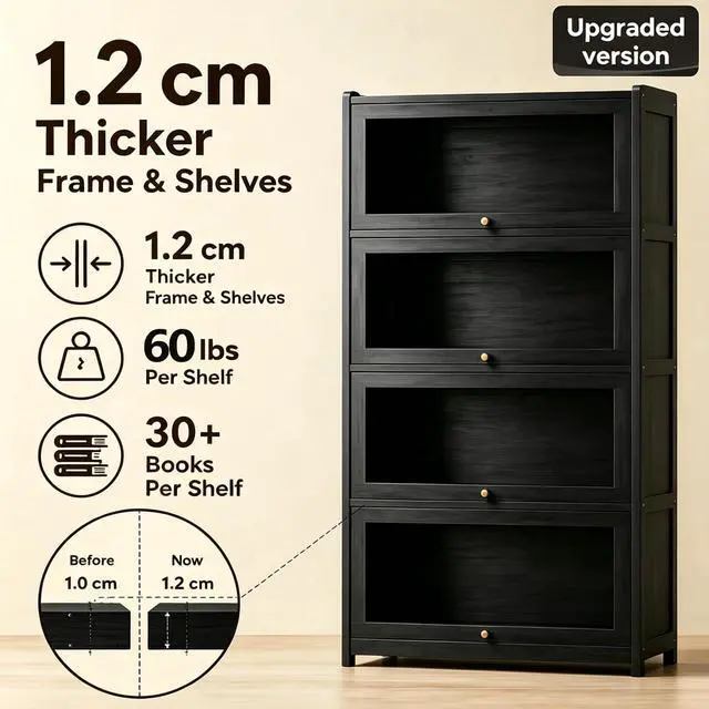 Alt view image 3 of 6 - 55" Bamboo Bookcases,Book Shelfs with Acrylic Doors,Freestanding Display Storage Shelves for Collectibles,4 Tier Tall Bookshelfs & Bookcases for Living Room Bedroom Home Office