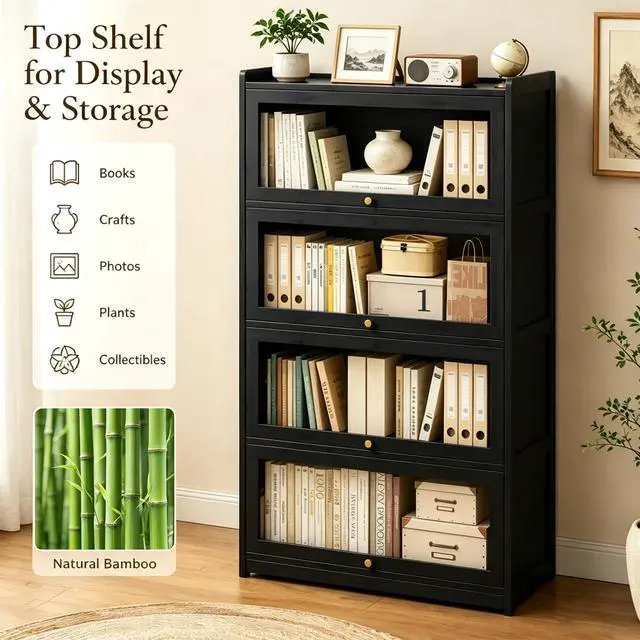Alt view image 4 of 6 - 55" Bamboo Bookcases,Book Shelfs with Acrylic Doors,Freestanding Display Storage Shelves for Collectibles,4 Tier Tall Bookshelfs & Bookcases for Living Room Bedroom Home Office
