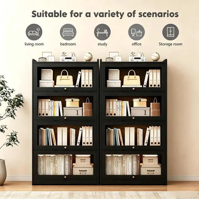 Alt view image 5 of 6 - 55" Bamboo Bookcases,Book Shelfs with Acrylic Doors,Freestanding Display Storage Shelves for Collectibles,4 Tier Tall Bookshelfs & Bookcases for Living Room Bedroom Home Office