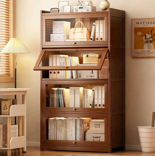 Main image of 55" Bamboo Bookcases,Book Shelfs with Acrylic Doors,Freestanding Display Storage Shelves for Collectibles,4 Tier Tall Bookshelfs & Bookcases for Living Room Bedroom Home Office