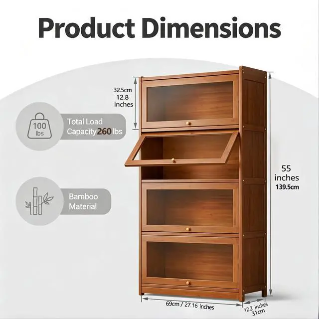 Alt view image 2 of 6 - 55" Bamboo Bookcases,Book Shelfs with Acrylic Doors,Freestanding Display Storage Shelves for Collectibles,4 Tier Tall Bookshelfs & Bookcases for Living Room Bedroom Home Office