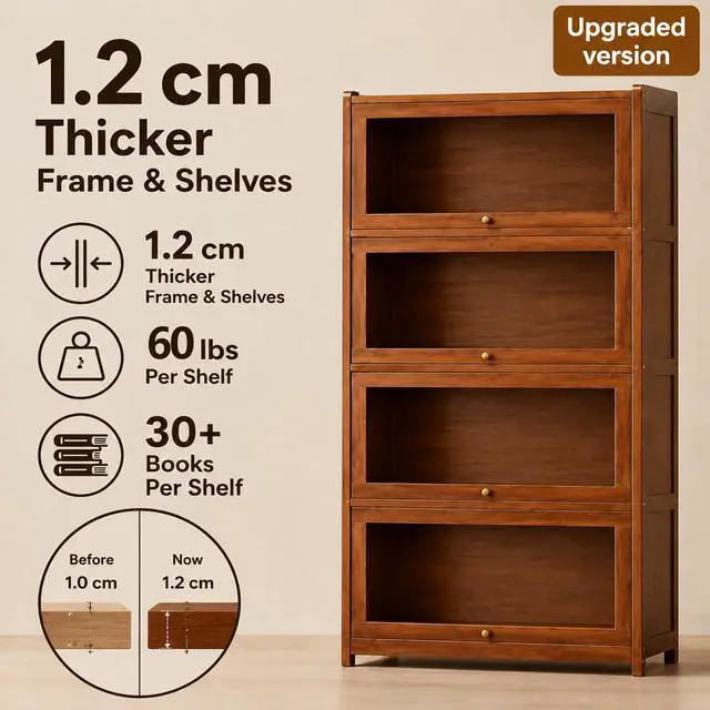Alt view image 3 of 6 - 55" Bamboo Bookcases,Book Shelfs with Acrylic Doors,Freestanding Display Storage Shelves for Collectibles,4 Tier Tall Bookshelfs & Bookcases for Living Room Bedroom Home Office
