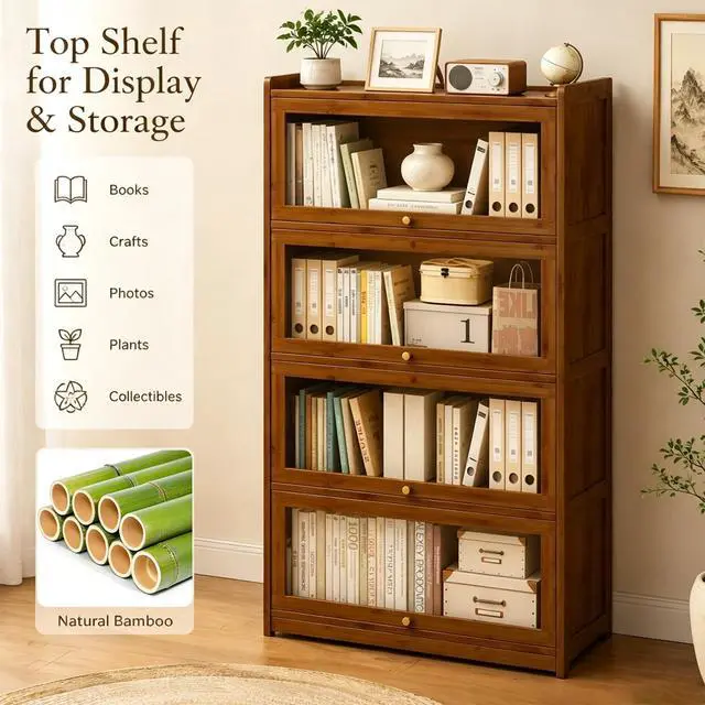 Alt view image 5 of 6 - 55" Bamboo Bookcases,Book Shelfs with Acrylic Doors,Freestanding Display Storage Shelves for Collectibles,4 Tier Tall Bookshelfs & Bookcases for Living Room Bedroom Home Office