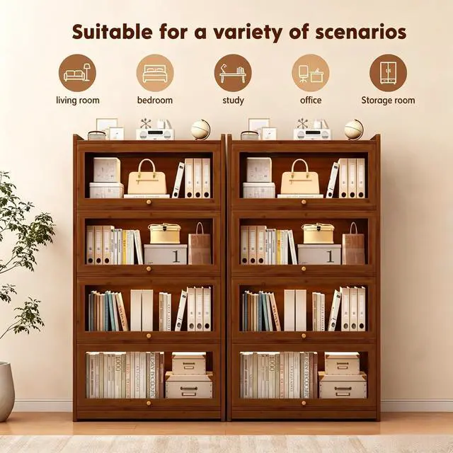 Alt view image 6 of 6 - 55" Bamboo Bookcases,Book Shelfs with Acrylic Doors,Freestanding Display Storage Shelves for Collectibles,4 Tier Tall Bookshelfs & Bookcases for Living Room Bedroom Home Office