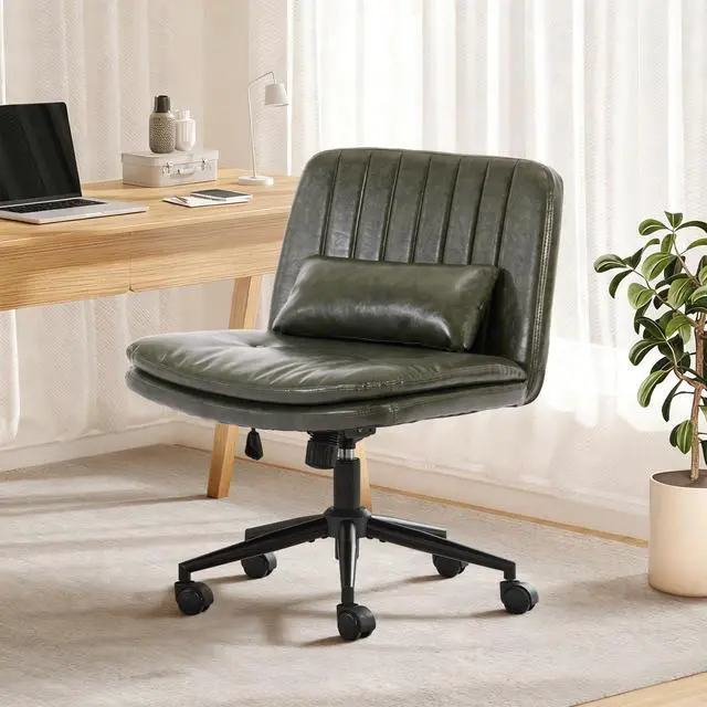 Main image of Criss Cross Chair with Wheels, Comfy Armless Cross Legged Office Chair with Wide Seat, Double-Thick Cushion, Pillow, Adjustable Swivel Computer Task Vanity Home Office Desk Chair (Green, with Wheels)