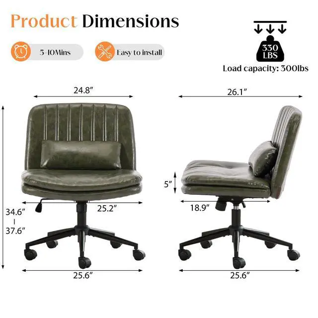 Alt view image 2 of 6 - Criss Cross Chair with Wheels, Comfy Armless Cross Legged Office Chair with Wide Seat, Double-Thick Cushion, Pillow, Adjustable Swivel Computer Task Vanity Home Office Desk Chair (Green, with Wheels)