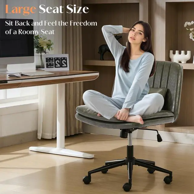 Alt view image 3 of 6 - Criss Cross Chair with Wheels, Comfy Armless Cross Legged Office Chair with Wide Seat, Double-Thick Cushion, Pillow, Adjustable Swivel Computer Task Vanity Home Office Desk Chair (Green, with Wheels)