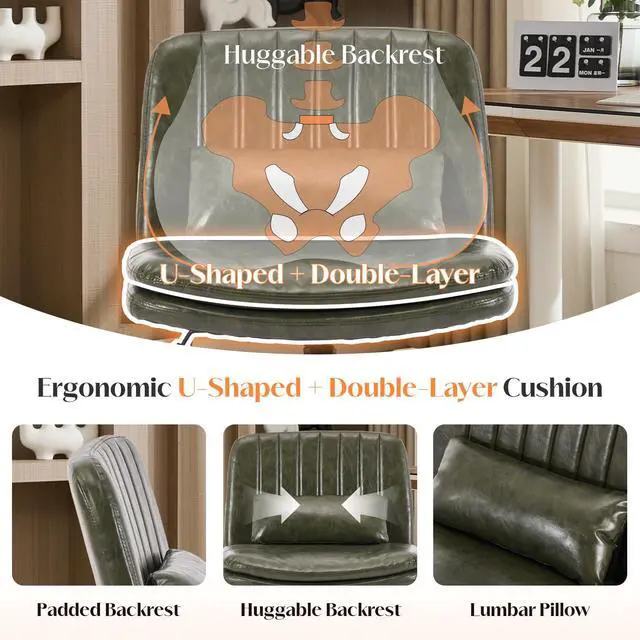 Alt view image 4 of 6 - Criss Cross Chair with Wheels, Comfy Armless Cross Legged Office Chair with Wide Seat, Double-Thick Cushion, Pillow, Adjustable Swivel Computer Task Vanity Home Office Desk Chair (Green, with Wheels)