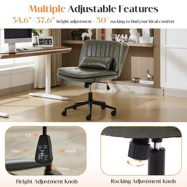 Alt view image 5 of 6 - Criss Cross Chair with Wheels, Comfy Armless Cross Legged Office Chair with Wide Seat, Double-Thick Cushion, Pillow, Adjustable Swivel Computer Task Vanity Home Office Desk Chair (Green, with Wheels)