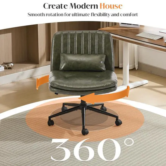 Alt view image 6 of 6 - Criss Cross Chair with Wheels, Comfy Armless Cross Legged Office Chair with Wide Seat, Double-Thick Cushion, Pillow, Adjustable Swivel Computer Task Vanity Home Office Desk Chair (Green, with Wheels)