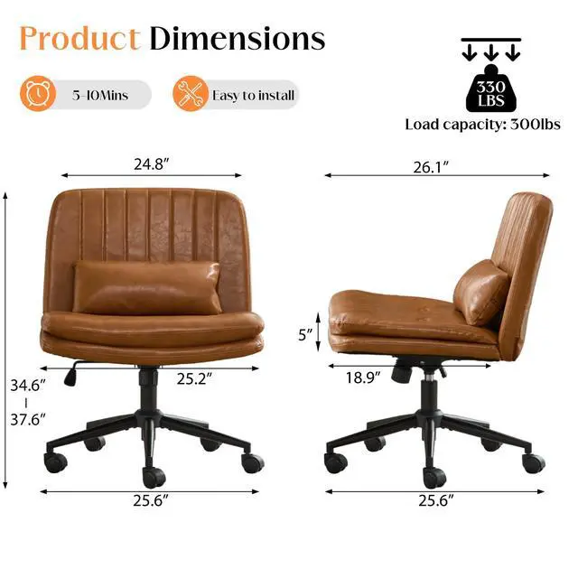 Alt view image 2 of 6 - Criss Cross Chair with Wheels, Comfy Armless Cross Legged Office Chair with Wide Seat, Double-Thick Cushion, Pillow, Adjustable Swivel Computer Task Vanity Home Office Desk Chair (Brown, with Wheels)