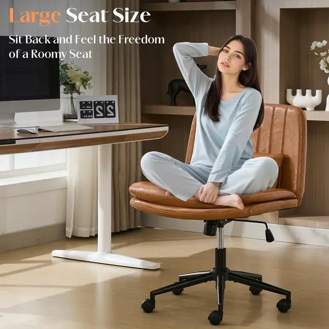 Alt view image 3 of 6 - Criss Cross Chair with Wheels, Comfy Armless Cross Legged Office Chair with Wide Seat, Double-Thick Cushion, Pillow, Adjustable Swivel Computer Task Vanity Home Office Desk Chair (Brown, with Wheels)