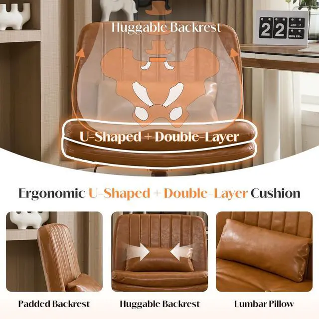 Alt view image 4 of 6 - Criss Cross Chair with Wheels, Comfy Armless Cross Legged Office Chair with Wide Seat, Double-Thick Cushion, Pillow, Adjustable Swivel Computer Task Vanity Home Office Desk Chair (Brown, with Wheels)