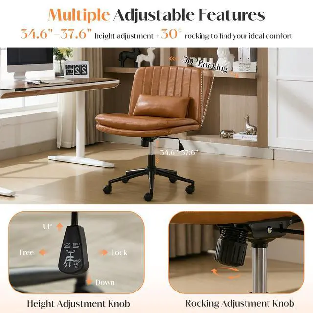 Alt view image 5 of 6 - Criss Cross Chair with Wheels, Comfy Armless Cross Legged Office Chair with Wide Seat, Double-Thick Cushion, Pillow, Adjustable Swivel Computer Task Vanity Home Office Desk Chair (Brown, with Wheels)