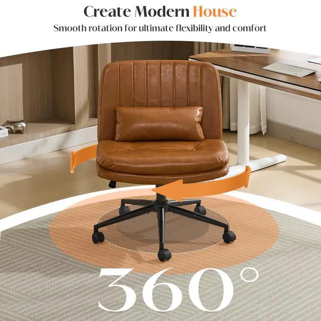 Alt view image 6 of 6 - Criss Cross Chair with Wheels, Comfy Armless Cross Legged Office Chair with Wide Seat, Double-Thick Cushion, Pillow, Adjustable Swivel Computer Task Vanity Home Office Desk Chair (Brown, with Wheels)