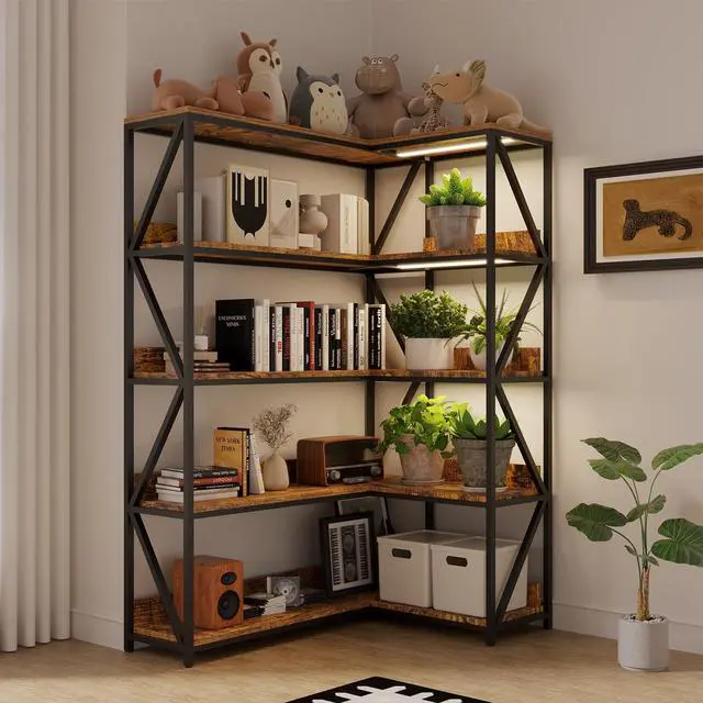 Main image of Large Farmhouse Style 5 Tiers Corner Bookshelf with Grow Light, Extra Wide Plant Stand & Bookcase for Home Office Craft SpaceLiving Room, Rustic Wooden Corner Shelf for Indoor Plants