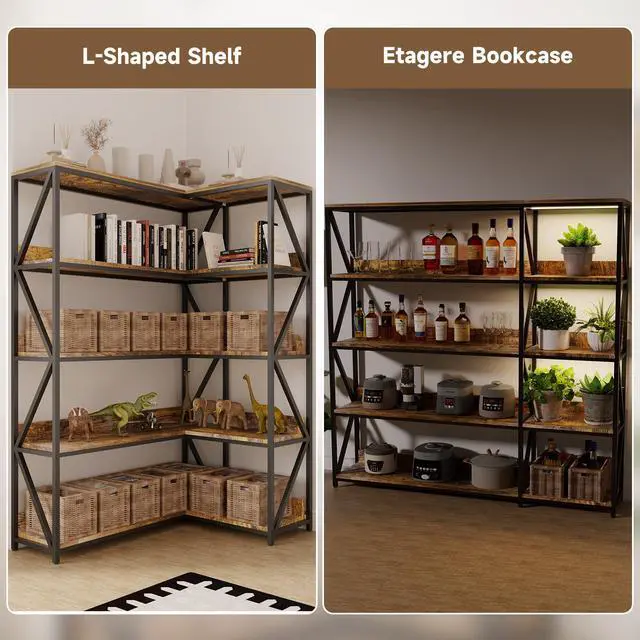 Alt view image 6 of 6 - Large Farmhouse Style 5 Tiers Corner Bookshelf with Grow Light, Extra Wide Plant Stand & Bookcase for Home Office Craft SpaceLiving Room, Rustic Wooden Corner Shelf for Indoor Plants