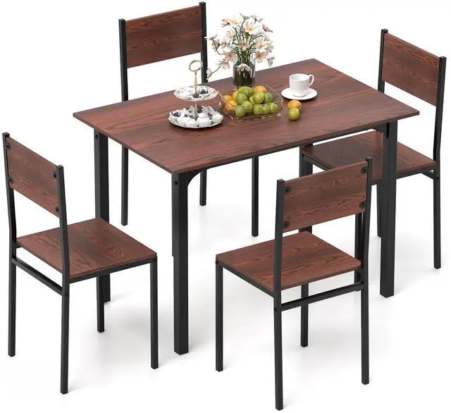 Main image of 5-Piece Dining Table Set for 4, High-Back Chairs, Walnut | Metal Frame, Adjustable Footpads, Rustic Industrial, Space-Saving for Small Apartment & Breakfast Nook