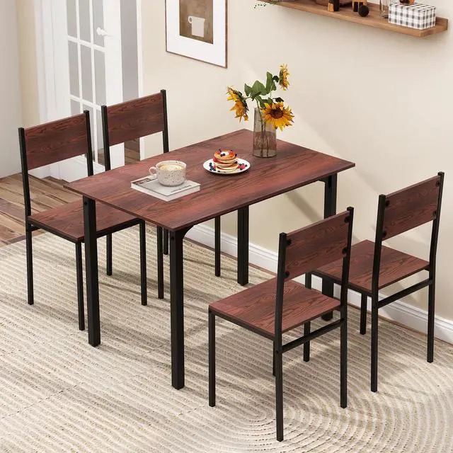 Alt view image 2 of 6 - 5-Piece Dining Table Set for 4, High-Back Chairs, Walnut | Metal Frame, Adjustable Footpads, Rustic Industrial, Space-Saving for Small Apartment & Breakfast Nook