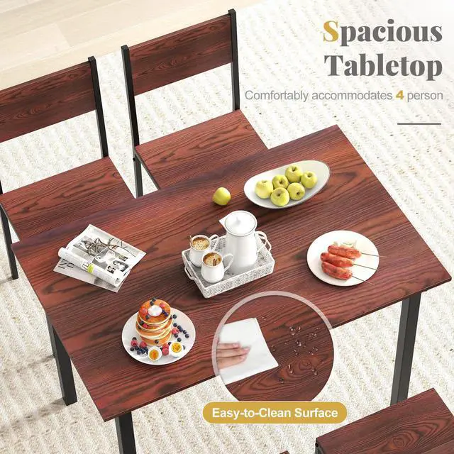 Alt view image 3 of 6 - 5-Piece Dining Table Set for 4, High-Back Chairs, Walnut | Metal Frame, Adjustable Footpads, Rustic Industrial, Space-Saving for Small Apartment & Breakfast Nook