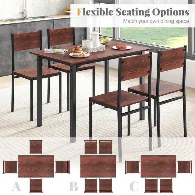 Alt view image 4 of 6 - 5-Piece Dining Table Set for 4, High-Back Chairs, Walnut | Metal Frame, Adjustable Footpads, Rustic Industrial, Space-Saving for Small Apartment & Breakfast Nook