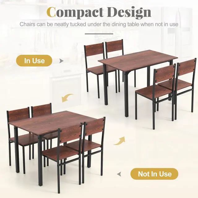 Alt view image 5 of 6 - 5-Piece Dining Table Set for 4, High-Back Chairs, Walnut | Metal Frame, Adjustable Footpads, Rustic Industrial, Space-Saving for Small Apartment & Breakfast Nook