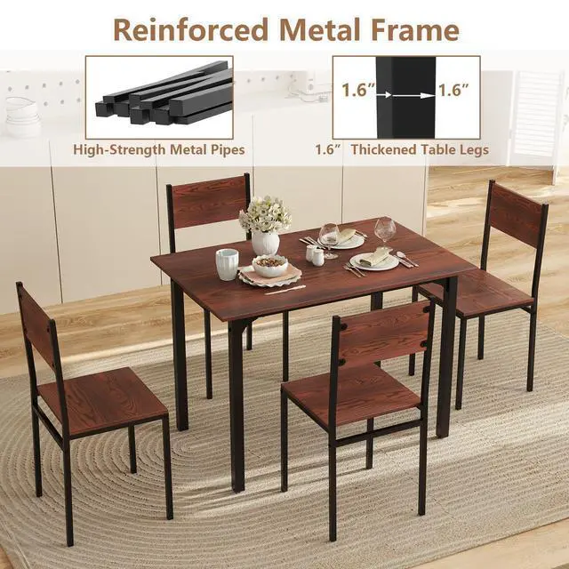 Alt view image 6 of 6 - 5-Piece Dining Table Set for 4, High-Back Chairs, Walnut | Metal Frame, Adjustable Footpads, Rustic Industrial, Space-Saving for Small Apartment & Breakfast Nook