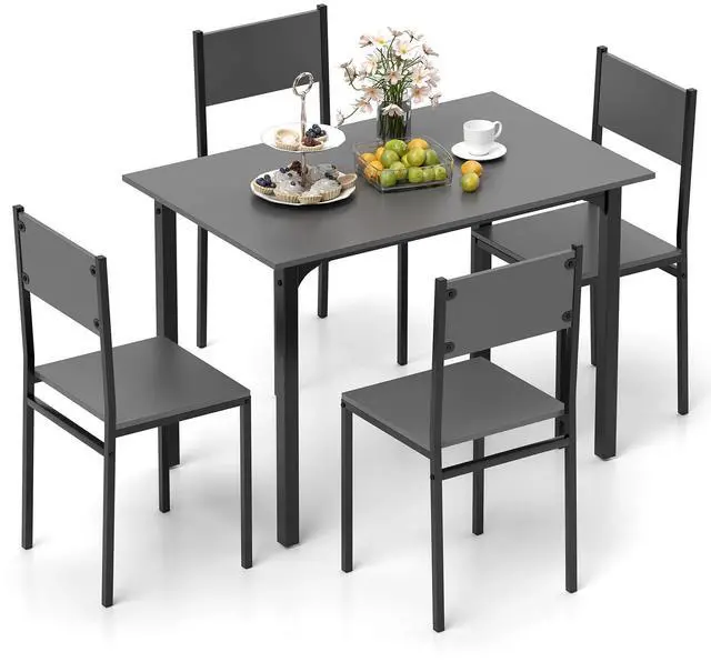 Main image of 5-Piece Dining Table Set for 4, High-Back Chairs, Grey | Metal Frame, Adjustable Footpads, Rustic Industrial, Space-Saving for Small Apartment & Breakfast Nook