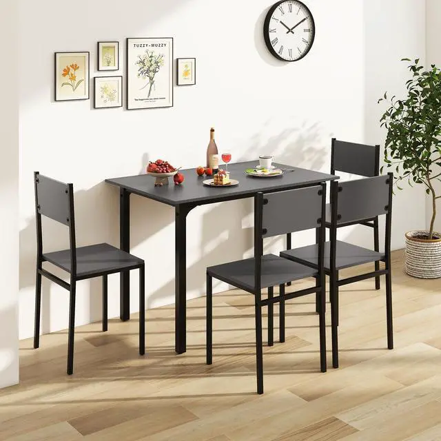 Alt view image 2 of 6 - 5-Piece Dining Table Set for 4, High-Back Chairs, Grey | Metal Frame, Adjustable Footpads, Rustic Industrial, Space-Saving for Small Apartment & Breakfast Nook