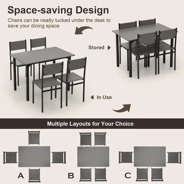 Alt view image 4 of 6 - 5-Piece Dining Table Set for 4, High-Back Chairs, Grey | Metal Frame, Adjustable Footpads, Rustic Industrial, Space-Saving for Small Apartment & Breakfast Nook