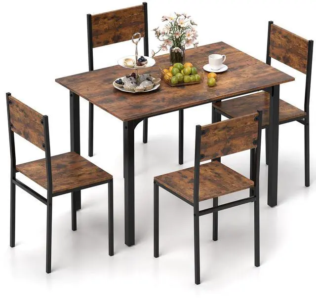 Main image of 5-Piece Dining Table Set for 4, High-Back Chairs, Rustic Brown | Metal Frame, Adjustable Footpads, Rustic Industrial, Space-Saving for Small Apartment & Breakfast Nook