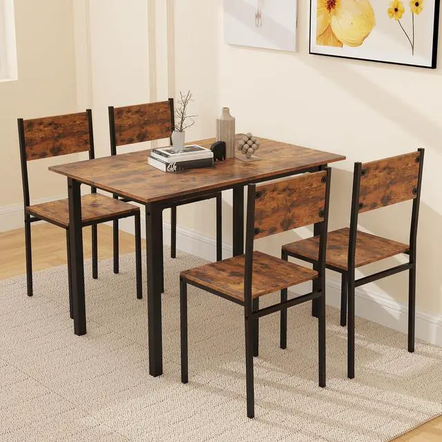 Alt view image 2 of 6 - 5-Piece Dining Table Set for 4, High-Back Chairs, Rustic Brown | Metal Frame, Adjustable Footpads, Rustic Industrial, Space-Saving for Small Apartment & Breakfast Nook