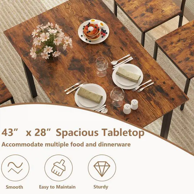 Alt view image 3 of 6 - 5-Piece Dining Table Set for 4, High-Back Chairs, Rustic Brown | Metal Frame, Adjustable Footpads, Rustic Industrial, Space-Saving for Small Apartment & Breakfast Nook