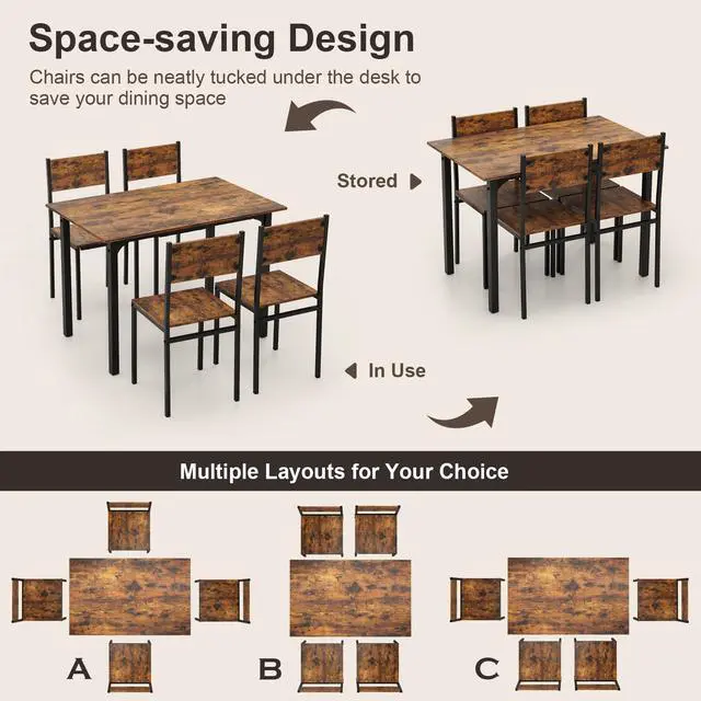 Alt view image 4 of 6 - 5-Piece Dining Table Set for 4, High-Back Chairs, Rustic Brown | Metal Frame, Adjustable Footpads, Rustic Industrial, Space-Saving for Small Apartment & Breakfast Nook