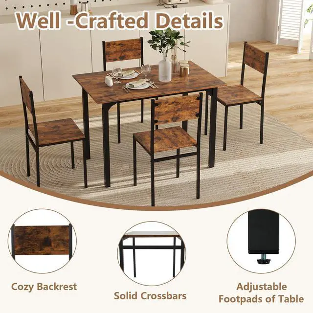 Alt view image 5 of 6 - 5-Piece Dining Table Set for 4, High-Back Chairs, Rustic Brown | Metal Frame, Adjustable Footpads, Rustic Industrial, Space-Saving for Small Apartment & Breakfast Nook