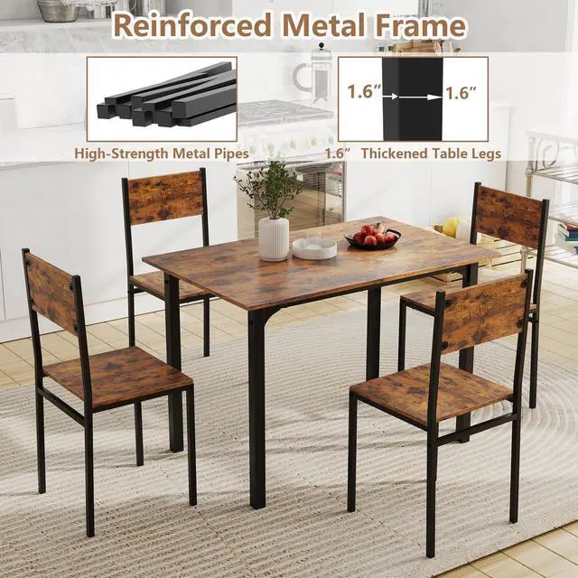 Alt view image 6 of 6 - 5-Piece Dining Table Set for 4, High-Back Chairs, Rustic Brown | Metal Frame, Adjustable Footpads, Rustic Industrial, Space-Saving for Small Apartment & Breakfast Nook