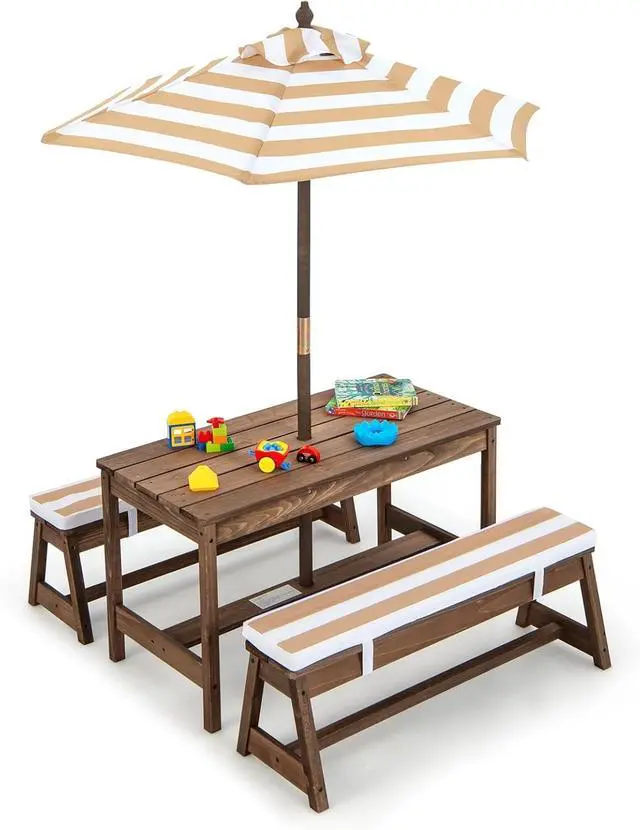 Main image of Kids Rustic Rectangular Wooden Toddler Picnic Table & Benches w/Cushions & Brown Fabric, Children Backyard Furniture w/Height Adjustable Umbrella, Kids Outdoor Table for Patio Garden