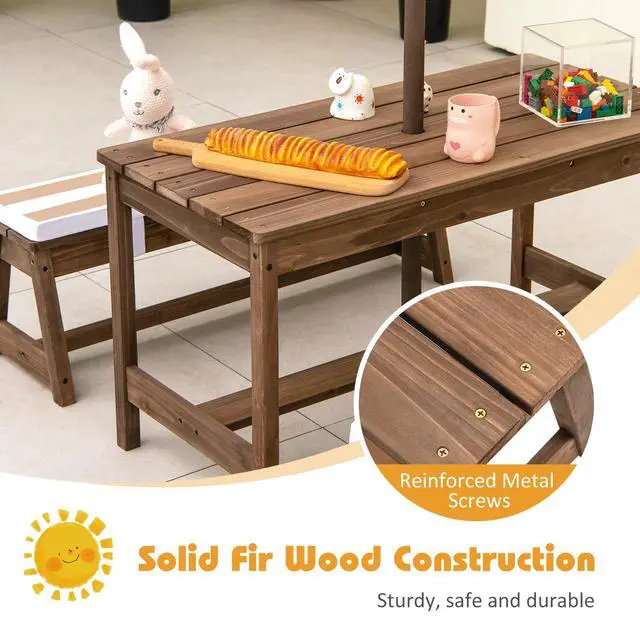 Alt view image 4 of 6 - Kids Rustic Rectangular Wooden Toddler Picnic Table & Benches w/Cushions & Brown Fabric, Children Backyard Furniture w/Height Adjustable Umbrella, Kids Outdoor Table for Patio Garden