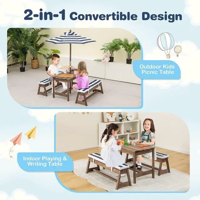 Alt view image 2 of 6 - Kids Picnic Table, Outdoor Toddler Table and Bench Set with Removable Umbrella & Cushions, Wooden Outdoor Kids Furniture Set, Gift for Toddler Aged 3-8, Blue