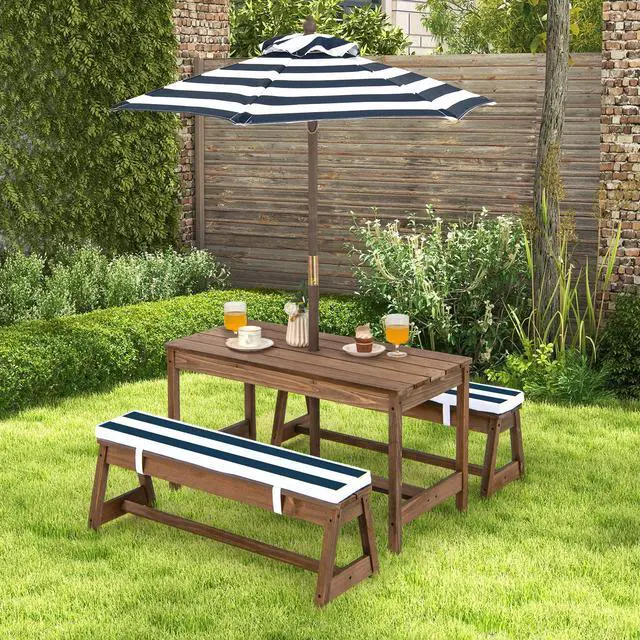 Alt view image 3 of 6 - Kids Picnic Table, Outdoor Toddler Table and Bench Set with Removable Umbrella & Cushions, Wooden Outdoor Kids Furniture Set, Gift for Toddler Aged 3-8, Blue