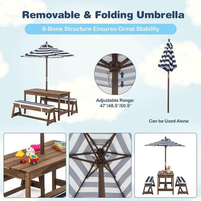 Alt view image 4 of 6 - Kids Picnic Table, Outdoor Toddler Table and Bench Set with Removable Umbrella & Cushions, Wooden Outdoor Kids Furniture Set, Gift for Toddler Aged 3-8, Blue