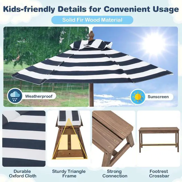 Alt view image 6 of 6 - Kids Picnic Table, Outdoor Toddler Table and Bench Set with Removable Umbrella & Cushions, Wooden Outdoor Kids Furniture Set, Gift for Toddler Aged 3-8, Blue