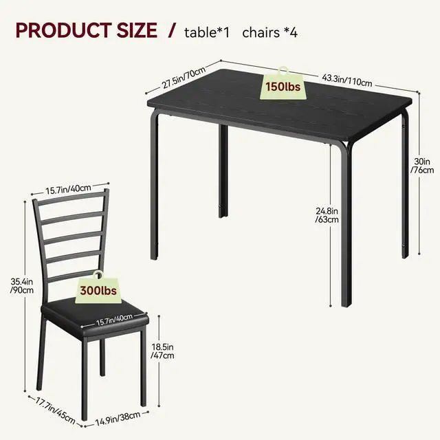 Alt view image 3 of 6 - 5-Piece Kitchen Dining Room Table Chair Set for Small Space, Indoor Modern Dinette Set for 4, Square Dinner Table Set for Dinette, Breakfast (Dark, Dining Table with 4 Chairs)