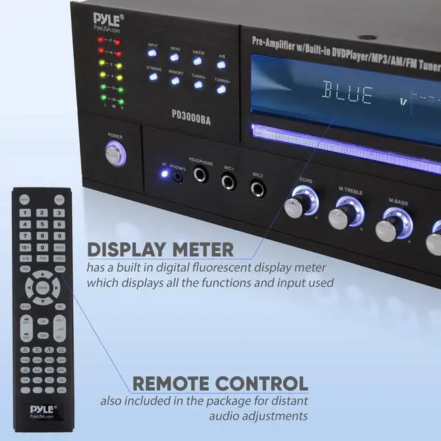 Alt view image 4 of 4 - 4 Channel Bluetooth Amplifier with Front Loading DVD/CD Player - 3000 Watt Stereo Receiver with FM Radio, Dual Microphone w/Echo for Karaoke, USB-A in, LED, Rack Mount - PD3000BA.5