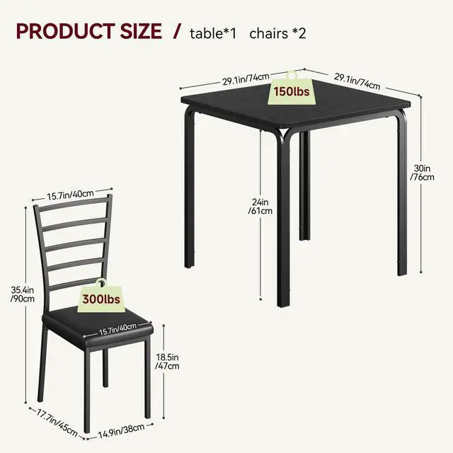 Alt view image 3 of 6 - 3-Piece Kitchen Dining Room Table Chair Set for Small Space, Indoor Modern Dinette Set for 2, Square Dinner Table Set for Dinette, Breakfast (Dark, Dining Table with 2 Chairs)