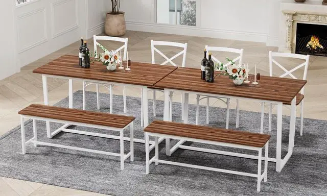 Alt view image 3 of 6 - 4 Pieces Dining Set 4-Piece Kitchen Table Set Perfect, Easy Assembly Seater for Indoor Home, Dinner, Kitchen, Dark Walnut(1 Table+2Chair+1Stool