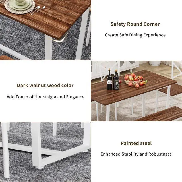 Alt view image 4 of 6 - 4 Pieces Dining Set 4-Piece Kitchen Table Set Perfect, Easy Assembly Seater for Indoor Home, Dinner, Kitchen, Dark Walnut(1 Table+2Chair+1Stool