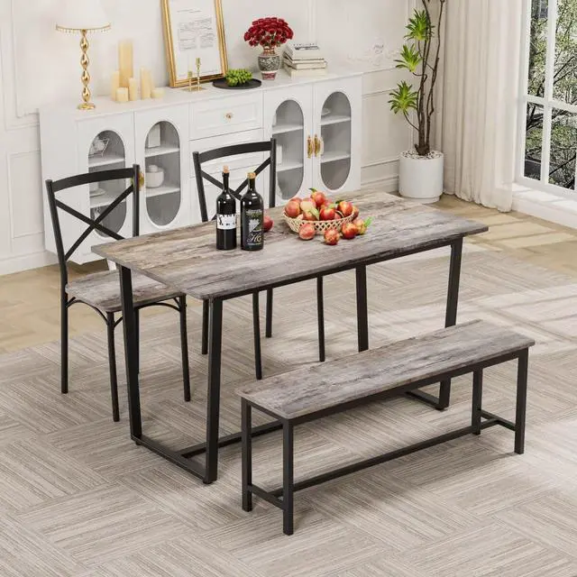 Main image of 4 Pieces Dining Set 4-Piece Kitchen Table Set Perfect, Easy Assembly Seater for Indoor Home, Dinner, Kitchen, Gray(1 Table+2Chair+1Stool